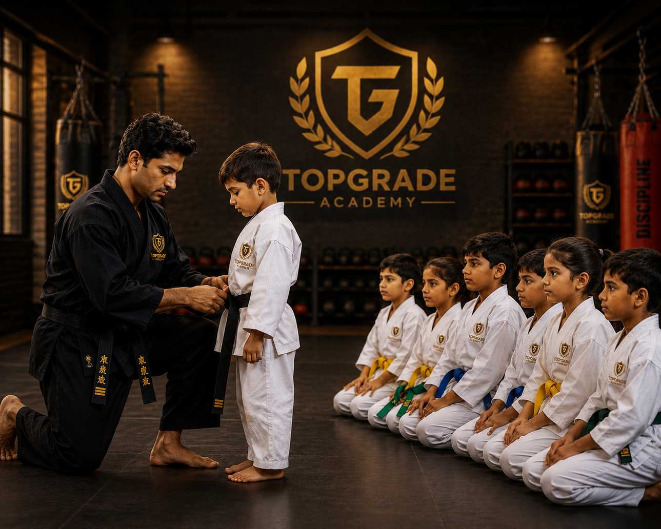 An instructor tying a student's belt