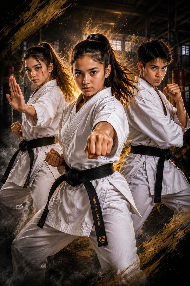 Three young black belts standing together