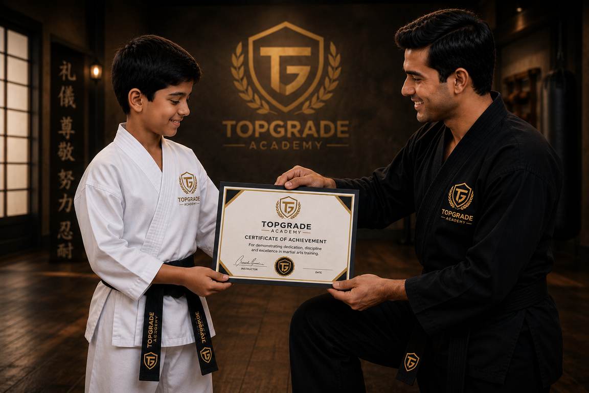 A student receiving a certificate at a belt ceremony