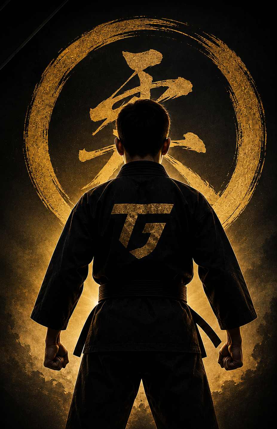 A young student in a black gi standing before a golden enso